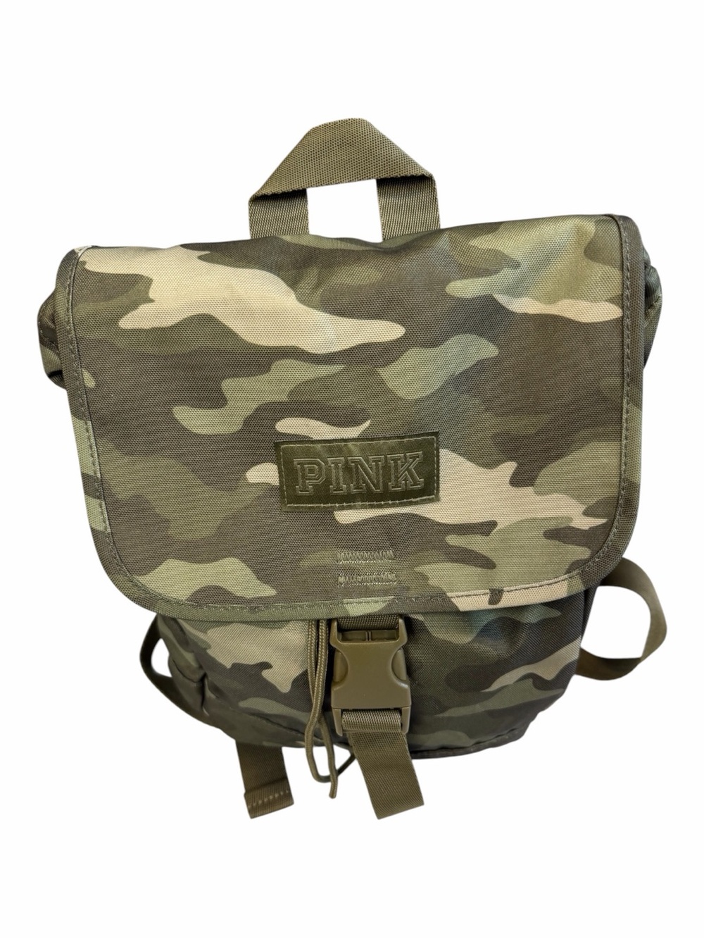 PINK Victoria's Secret Olive Green Camo Mini Backpack‎ Buckle Clip Cinch Closure
